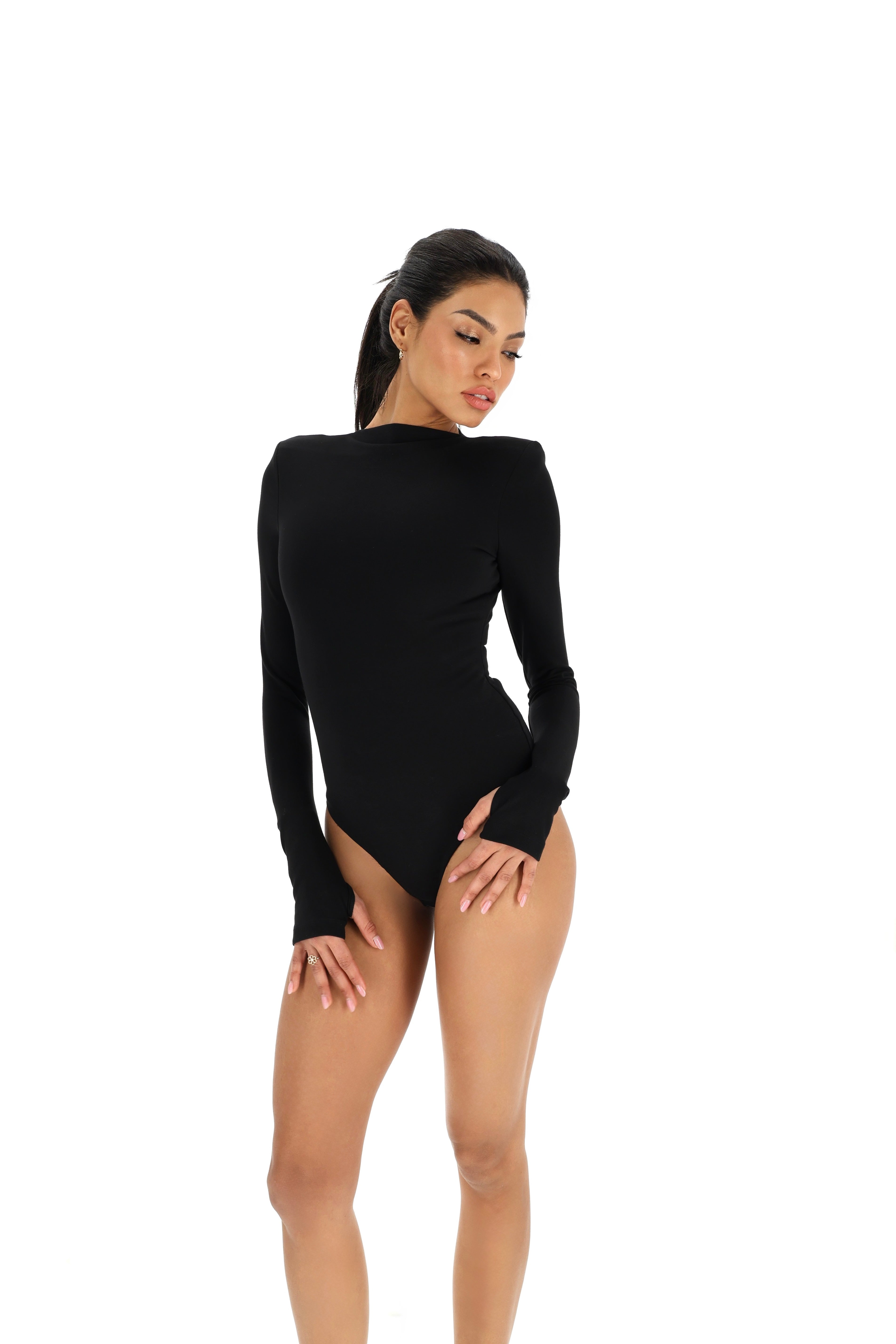 Bodysuit with Elevated Boat Neck and Extended Sleeves, Black