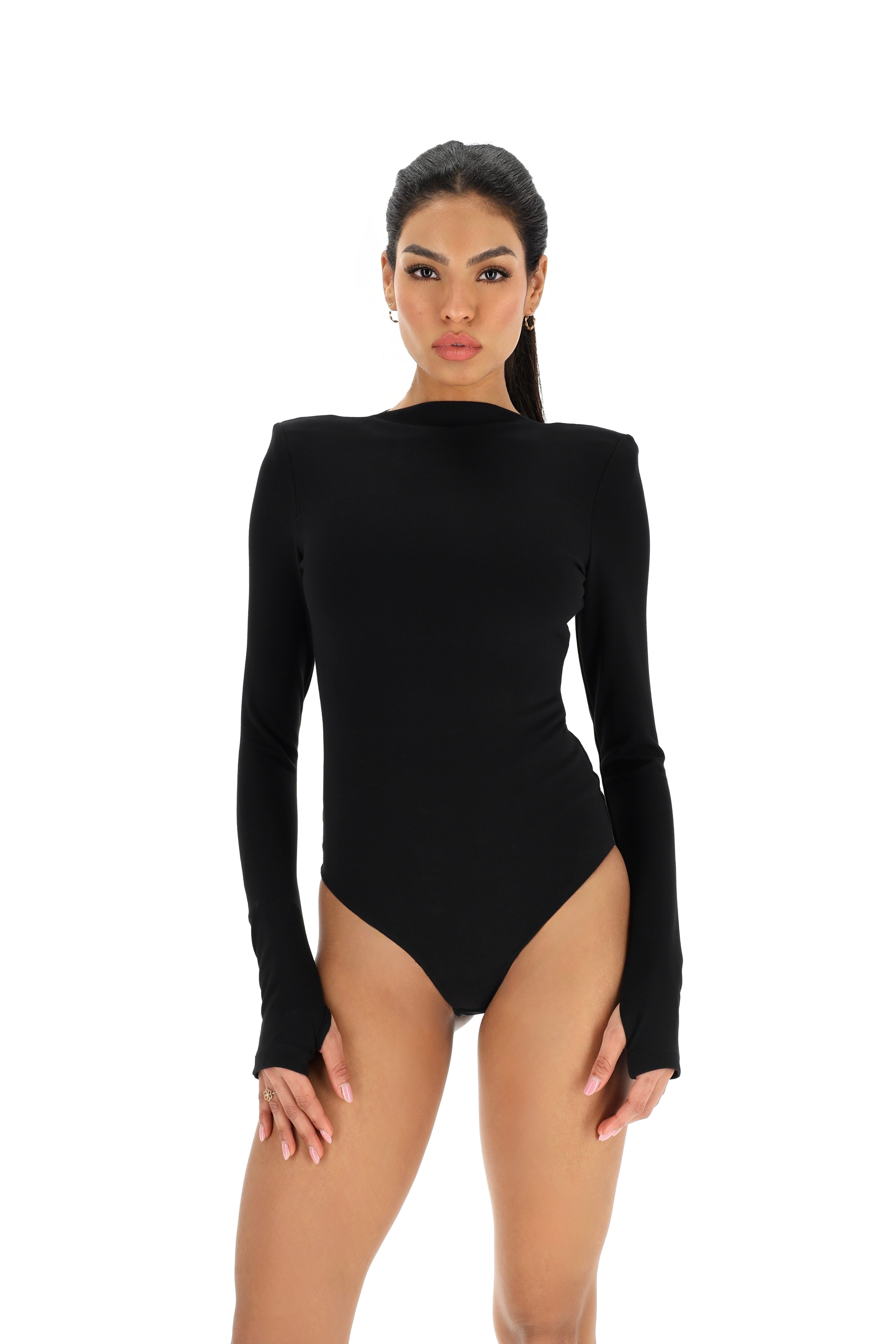 Bodysuit with Elevated Boat Neck and Extended Sleeves, Black